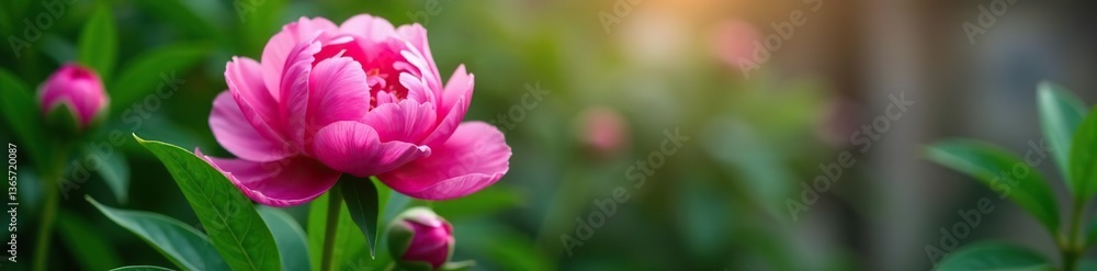 A vibrant pink peony in full bloom surrounded by lush green leaves, floral, peony A vibrant pink peony in full bloom surrounded by lush green leaves, floral, peony