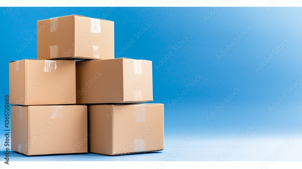 Obraz premium Stack of Five Brown Cardboard Boxes on Blue Background with Soft Lighting