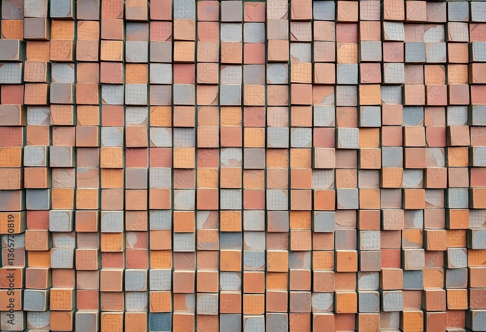 Rustic geometric mosaic tile wall, worn brown & gray tones, industrial, textured Rustic geometric mosaic tile wall, worn brown & gray tones, industrial, textured