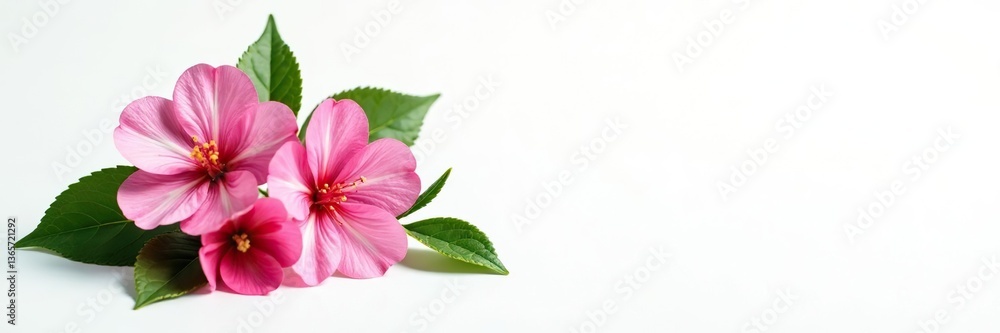 Fototapeta premium Spring arrangement with pink flowers and green leaves of Malus floribunda isolated on white background, floral, colorful