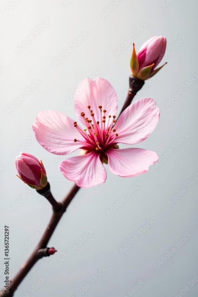 Obraz premium Single stem of cherry blossom isolated on white background, petals, cherry blossom