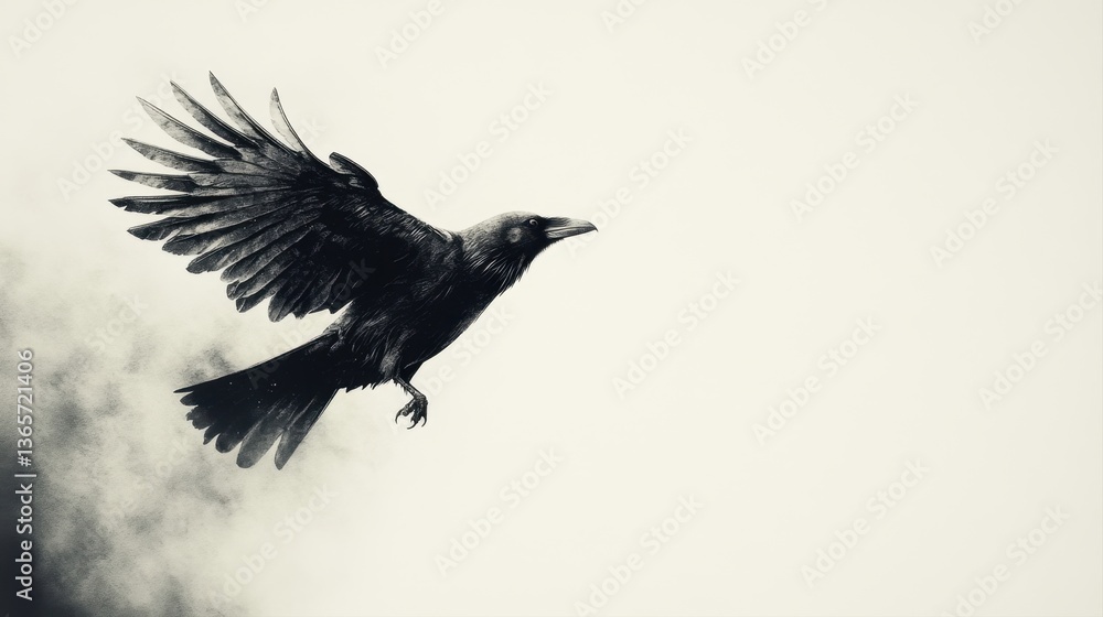 Obraz premium Majestic Raven in Flight Against a Serene Light Background, Symbolizing Freedom and Mystery in Nature
