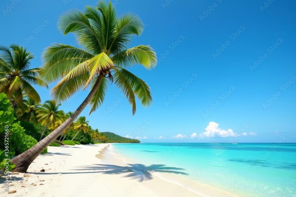 Fototapeta premium Sandy tropical beach with a single coconut palm tree under clear blue sky, tropical, tranquil, sand