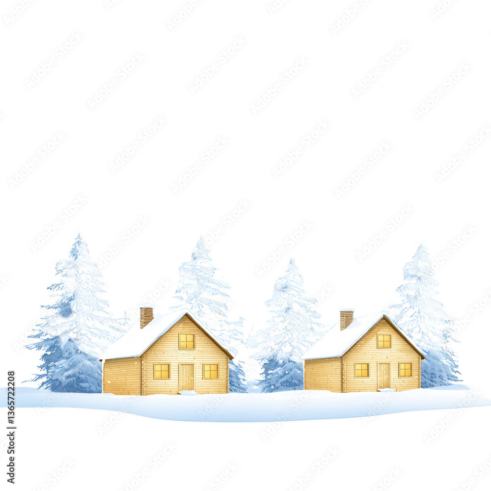 Fototapeta premium Two cozy houses nestled in snow, surrounded by tall evergreen trees under a clear blue sky, evoking a serene winter landscape. Perfect for holiday themes and cozy atmospheres.