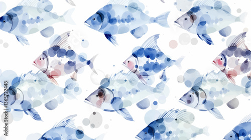 Watercolor seamless pattern with fish. children's simple drawing blue and red fish on a white background. doodle