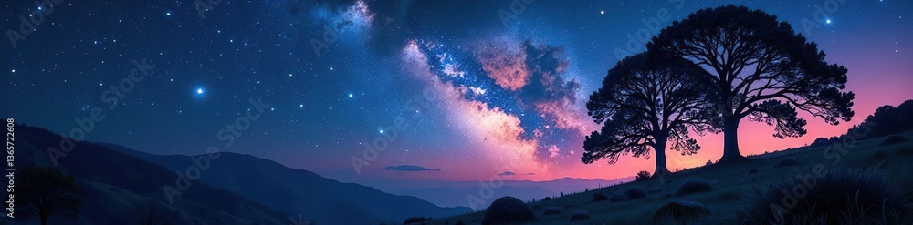 Fototapeta premium Surreal cosmic landscape with towering trees under a starry sky, foliage, otherworldly