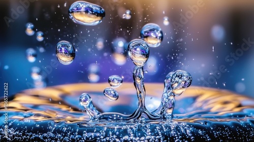 Dynamic water droplets splashing close-up water surface macro photography soft focus fluid motion