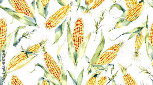 Seamless pattern with watercolor corn drawing illustration on white background