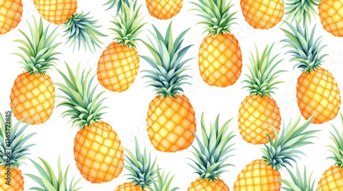 Vibrant watercolor pineapple pattern on a clean white background