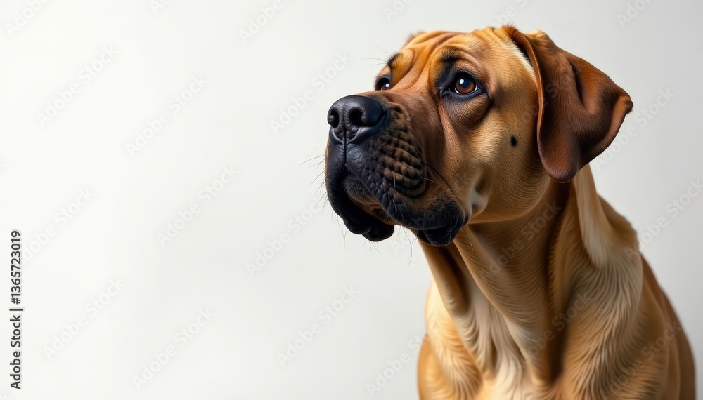 Fototapeta premium Strong mastiff, head tilted, pure white backdrop, canine, dog profile