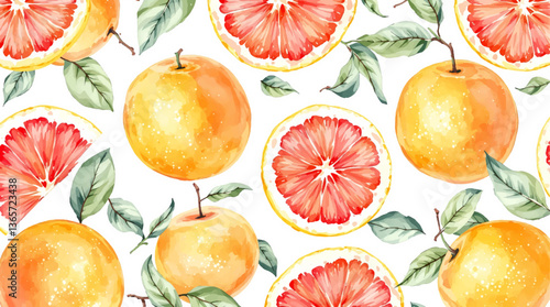 Citrus watercolor Pattern with Oranges and Leaves on White Background