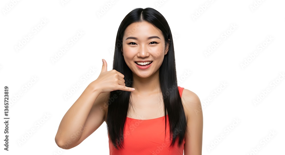 Asian woman making call me gesture with a smileisolated on white background Asian woman making call me gesture with a smileisolated on white background