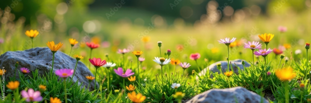 Fototapeta premium Blooming wildflowers in a meadow amidst tall grasses and stones, meadow, landscape