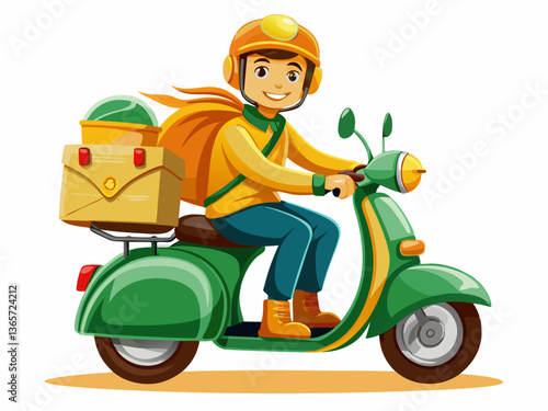 Young Delivery Driver on Scooter with Package Vector