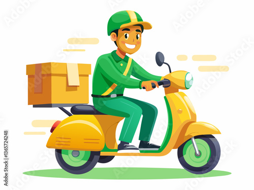 Young Delivery Driver on Scooter with Package Vector