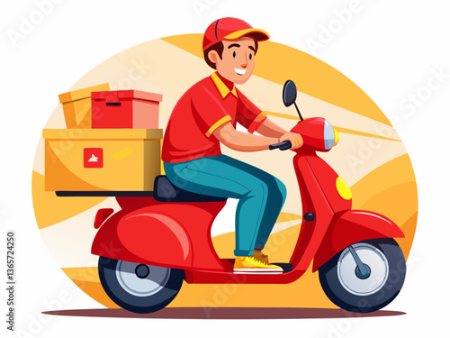 Young Delivery Driver on Scooter with Package Vector