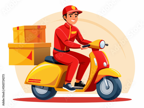 Young Delivery Driver on Scooter with Package Vector
