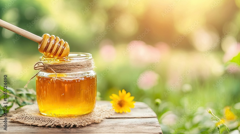 Fresh golden honey in a jar with dipper on wood table outdoors nature Fresh golden honey in a jar with dipper on wood table outdoors nature