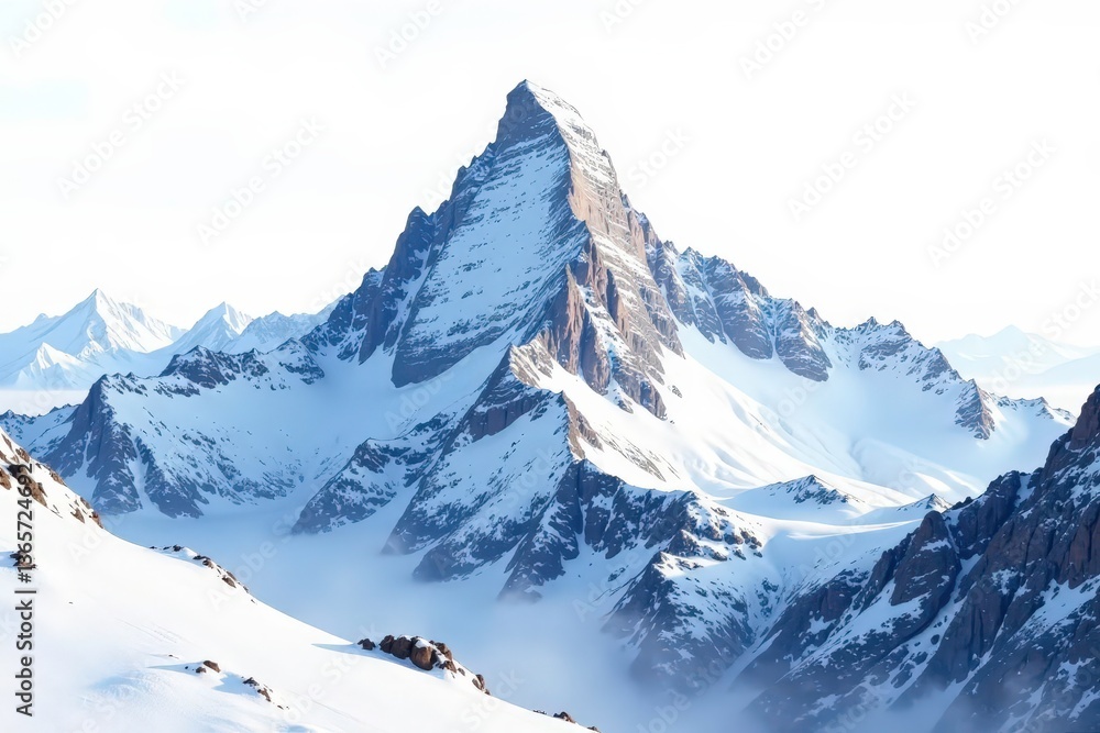Obraz premium Snow-covered mountain peak against a stark white sky, cold, snow