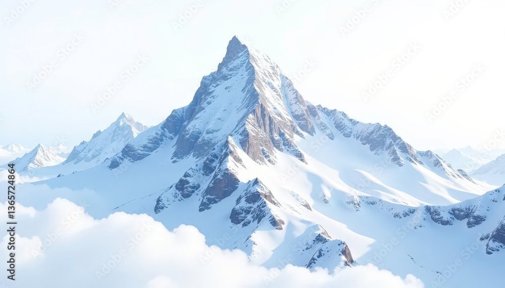 Obraz premium Snow-covered mountain peak against pristine white backdrop, white landscape, minimal