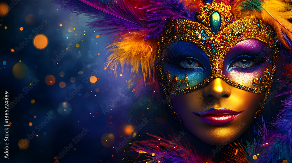 Colorful Venetian Mask With Glitter and Feather Highlights in Vibrant Glow Colorful Venetian Mask With Glitter and Feather Highlights in Vibrant Glow