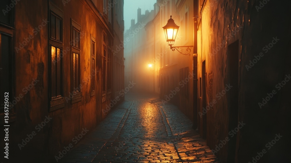 Fototapeta premium Foggy Alleyway at Night with Vintage Street Lamp Illuminating Cobblestone Path in Atmospheric Scene