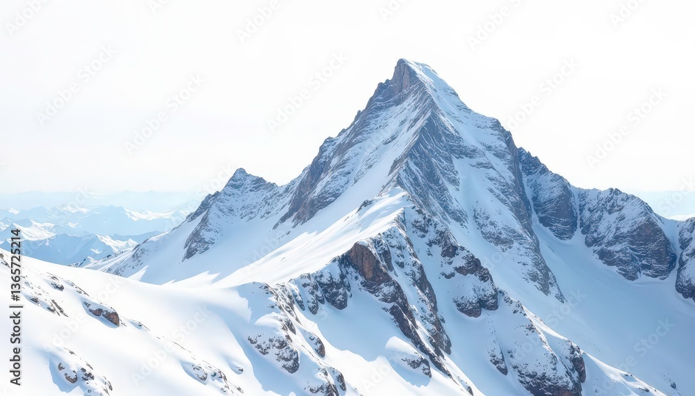 Fototapeta premium Snow covered mountain peak, sharp contrast against bright white sky, travel, scenic view, untamed