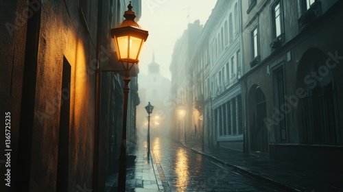 Foggy Street Scene with Vintage Streetlamp in Urban Setting on a Rainy Night