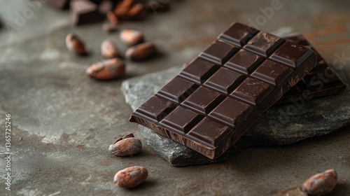 Delicious dark chocolate bar with cocoa beans on stone surface closeup