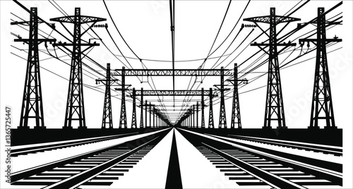 Black and white railway tracks with electric poles vector design. High-contrast railway tracks and power lines silhouettes vector. Silhouette train tracks and utility poles vector