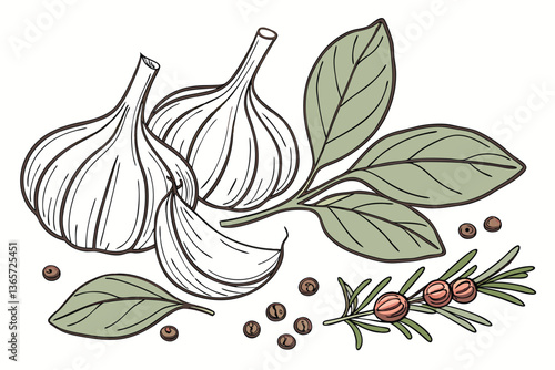 31 Fresh garlic bulbs, vibrant green basil leaves, aromatic herbs, culinary ingredients, white background, high-contrast, macro photography, food styling, clean composition, gourmet cooking, Italian c