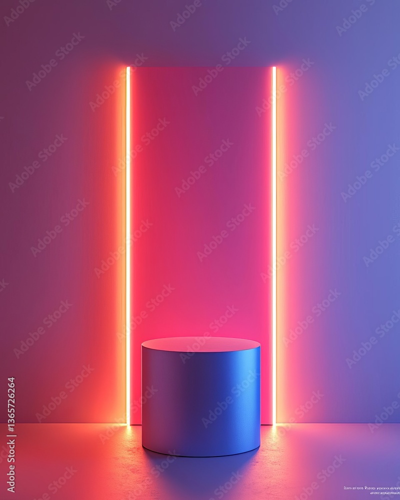 A modern composition featuring neon lights and a cylindrical pedestal in vibrant colors. A modern composition featuring neon lights and a cylindrical pedestal in vibrant colors.
