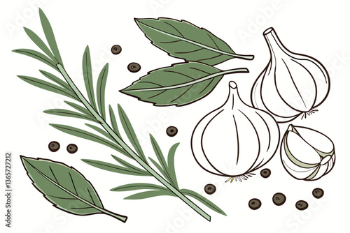 31 Fresh garlic bulbs, vibrant green basil leaves, aromatic herbs, culinary ingredients, white background, high-contrast, macro photography, food styling, clean composition, gourmet cooking, Italian c