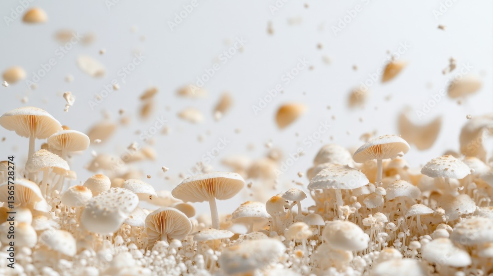 Fototapeta premium A Beautiful Background of White Mushrooms Growing on a Surface with Delicate Spore Release and Soft Lighting