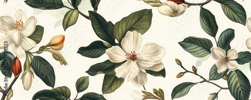 Seamless pattern background featuring a collection of vintage botanical illustrations with flowers and leaves in muted colors. MZ 
