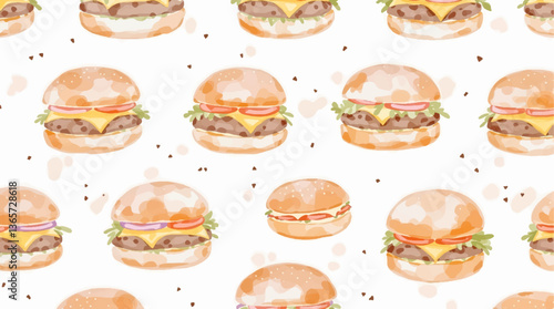 Elegant watercolor hamburger pattern with fresh ingredients suitable for menu design and upscale culinary backgrounds.