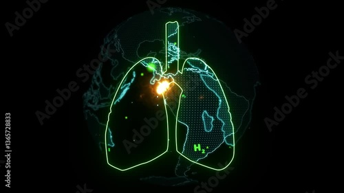 global and particle green hydrogen flying inside lung green digital animation and fire of life flow on the black screen