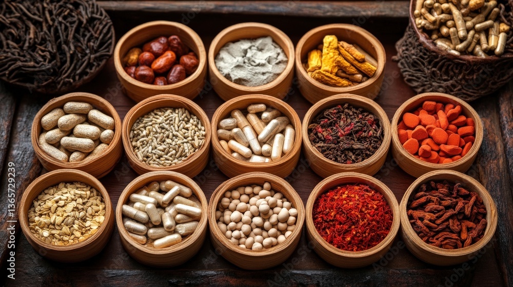 Assortment of Traditional Herbal Supplements and Remedies Assortment of Traditional Herbal Supplements and Remedies