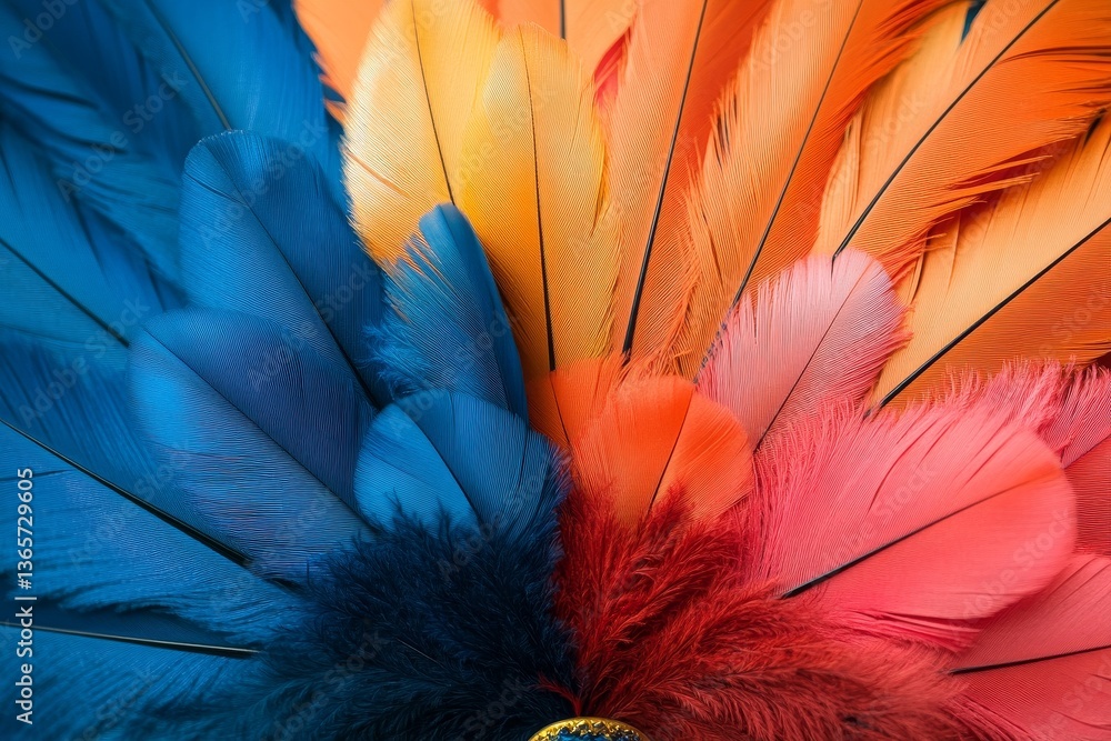 colorful traditional feather fan with vivid blue, orange, and red plumage in close-up
