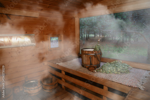 Finnish sauna interior made of wood for relaxation