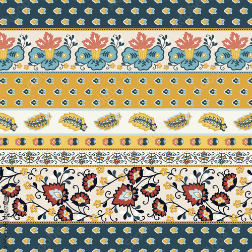 Ethnic border flowers and paisley pattern. Ethnic border floral wallpaper. Decorative ornament for fabric, textile, wrapping paper.