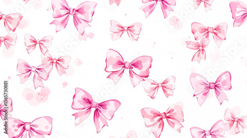 Soft pink watercolor coquette bow. Pastel ribbon seamless pattern hand drawn