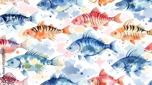 watercolor seamless pattern with fish. children's simple drawing blue and red fish on a white background. doodle