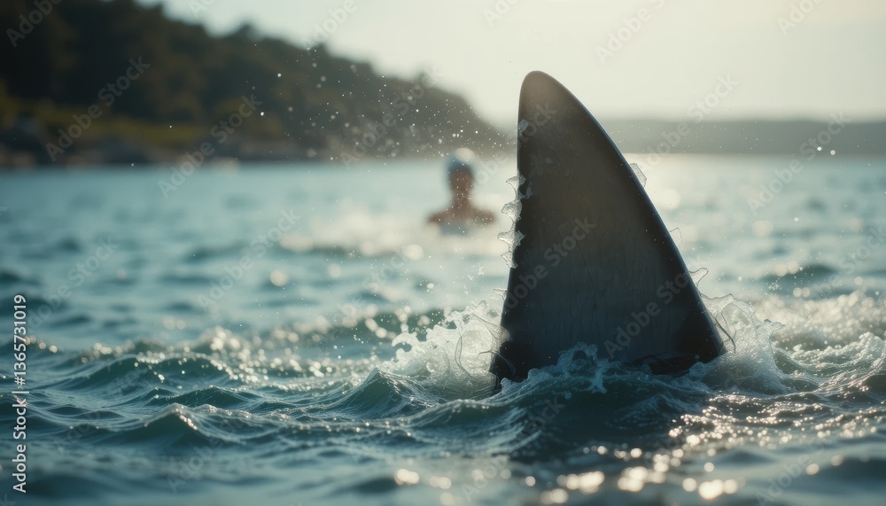 Fototapeta premium Shark Fin in Sea : Close up Danger to Swimmer