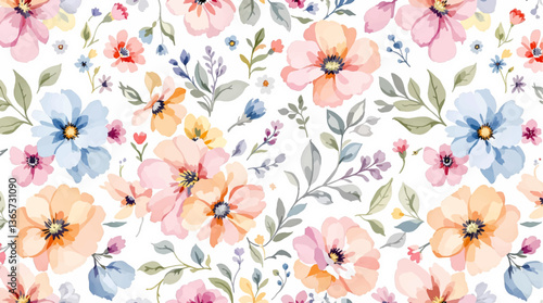 Watercolor Colorful flower background, Beautiful seamless pattern with watercolor gentle colorful flowers. Stock illustration.	