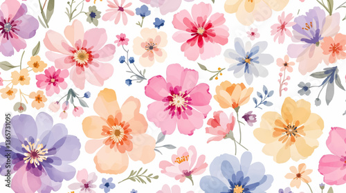 Watercolor Colorful flower background, Beautiful seamless pattern with watercolor gentle colorful flowers. Stock illustration.	
