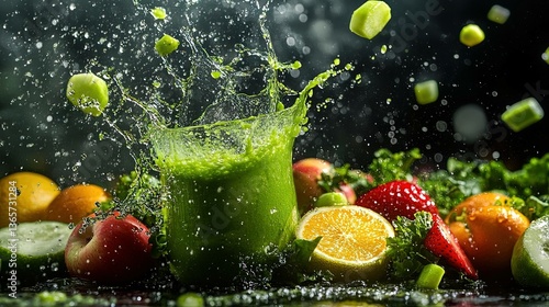 Fresh green smoothie with fruits and vegetables splash photography art