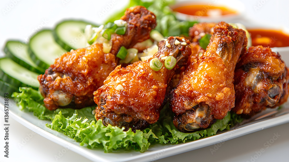 Crispy Marinated Chicken Wings Served with Fresh Vegetables and Dipping Sauces on a White Plate Crispy Marinated Chicken Wings Served with Fresh Vegetables and Dipping Sauces on a White Plate