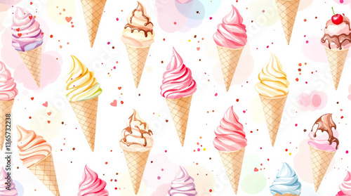 A watercolor painting of several ice cream cones with different flavors
