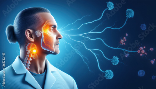 Firefly Sjogren's syndrome exocrine gland inflammation. Emphasize the negative space on the left for (1)